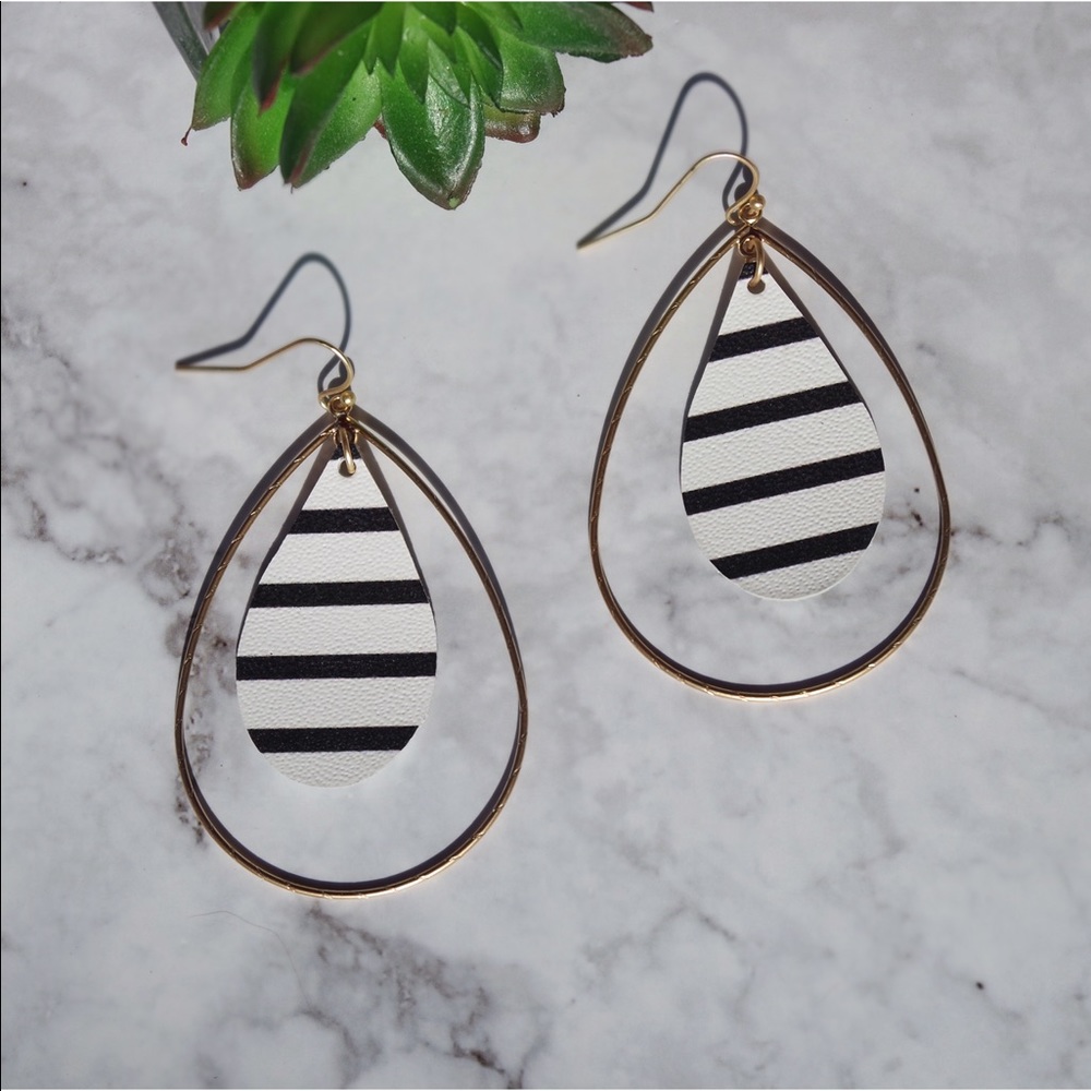 Gold With Striped Leather Statement Earrings - Picture 2 of 5